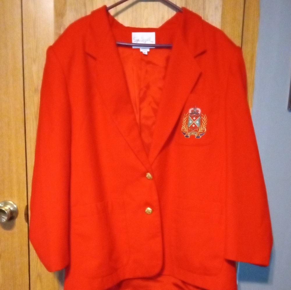 Vintage Early 90s Size 16 Spiegel Red Blazer Jacket With Embroidered Crest